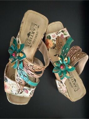 L'ATISTE Teal Floral Leather Slide Sandals